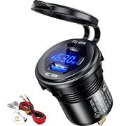 Thlevel Presa USB Caricabatteria Auto QC3.0 e Tipo C PD 45W Caricatore Adattatore Impermeabile con Interruttore e Voltmetro LED per Moto Barca Camper Caravan