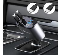 Thlevel Retrattile Caricabatterie USB per Auto Adattatore Presa PD 60W con 2 Cavi Tipo C Retrattili Voltmetro LED Compatibile con iPhone iPad Huawei per 12V 24V Caravan Camper Barca