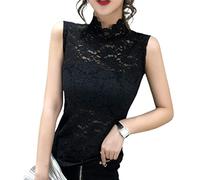 THOANBY - Top da donna autunnale elegante in pizzo, basic, con scollo a mezza manica, collo alto, a sbuffo, intimo, senza maniche, Nero , Average code