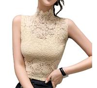 THOANBY - Top da donna autunnale elegante in pizzo, camicia basica, scollatura a mezza manica, scollo alto, a collo alto, intimo, canotta senza maniche, Beige, Average code