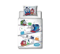 THOMAS & FRIENDS All Aboard - Copripiumino per lettino per bambini, reversibile, double-face, con federa coordinata, in policotone