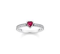 THOMAS SABO Anello solitario da donna con pietra rossa a forma di cuore in argento Sterling 925 annerito TR2448-640-10, 52, Argento sterling 925 annerito, Zirconi bianchi, corindone sintetico rosso