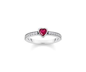 THOMAS SABO Anello solitario da donna con pietra rossa a forma di cuore in argento Sterling 925 annerito TR2448-640-10, 58, Argento sterling 925 annerito, Zirconi bianchi, corindone sintetico rosso