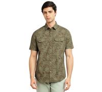 Thomas Scott Camicia casual slim fit da uomo | stampa floreale | puro cotone | maniche corte | due tasche sul petto con patta, Oliva, 48