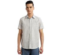 Thomas Scott Uomo | Piastrelle | Mezza maniche | Vestibilità aderente | Misto lino | Colletto diviso | Camicia casual, Blu marino, M
