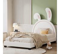 ThomP Lettino per bambini con design a orecchie di coniglio, 90 x 200 cm, letto singolo, in ecopelle, bianco/rosa, doghe in legno, portata 120 kg (materasso non incluso) (bianco)