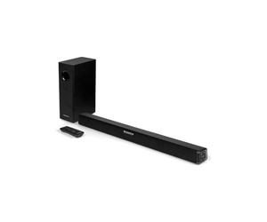 Thomson SB350BTS Soundbar - 300W Potenza Musicale Totale - Bluetooth 5.0 - Subwoofer Cablato - Ingresso Ottico & AUX - Preset EQ - Montaggio a Parete - Telecomando - Sistema Stereo 2.1 Canali