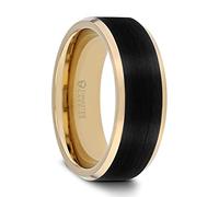 Thorsten Gaston - Anello da uomo in tungsteno con intarsio piatto nero opaco spazzolato, in acciaio inossidabile, senza gemme, in tungsteno placcato oro