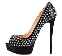 THOYBMO Scarpe col Tacco Donna Pumps Bocca di Pesce Punta Aperta Tacchi Alti Bocca Poco Profonda Fondo Spesso Stiletti Decorazione con Rivetti Abito da Sera Classico Scarpe Festa di Nozze,Black,41