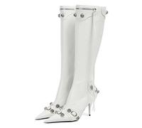 THOYBMO Stivali Alti da Donna Boots Appuntito Rivetto Stivali Stiletto Bianco PU Artificiale Cerniera Laterale Stivali al Ginocchio Adatto per Feste in Ufficio Matrimoni Viaggi di Piacere,White,39