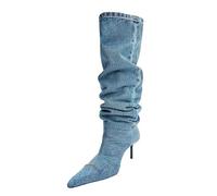 THOYBMO Stivali Metà Polpaccio Donna Boots Stivali Alti a Punta con Tacco a Spillo Stivali da Cowboy Plissettati Blu Adatto per Gli Sport Quotidiani Nel Tempo Libero,Blue,36