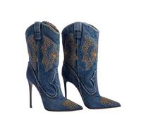THOYBMO Tacchi Alti High Heels Stivali Metà Polpaccio Donna Scarpe Punta Stiletto Cowgirl Western Scarpe Eleganti Festa 12cm,Blue,41