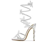 THOYBMO Tacco Alto High Heels Sandali Cinturino Avvolgente Farfalla Donna Punta Aperta Stiletto Scarpe Sposa 9cm,Silver,39