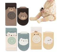 THQAE 3 Paia Set Ginocchiere e Calzini Anti-scivolo per Bambini, Design con Animali Carini (Orso Marrone, Gatto Blu, Pulcino Giallo) - Ideale per Gattonamento 0-12 Mesi