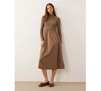 Threadbare - Vestito midi accollato in jersey e popeline color moka-Marrone 38