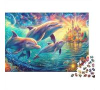 Three Dolphins Swim by A Glowing Castle Puzzle Da 1000 Pezzi Dolphin Theme Ottimo Regalo Per Anziani, over 65, Adulti E Bambini 52x38cm/1000pcs