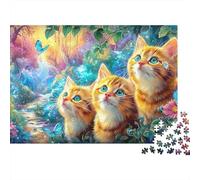 Three Ginger Kittens Gaze Up in A Vibrant, Flowery Forest with Butterflies Puzzle Da 1000 Pezzi Cute Cat Perfetto Per Le Serate Di Puzzle in Famiglia, Adulti E Bambini 38x26cm/1000pcs