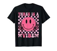 Three Is A Vibe 3 ° compleanno Groovy Smile Face 3 Anni Maglietta