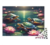 Three Turtles Swim Among Lotus Flowers at Night Jigsaw Puzzle Impossibili 1000Pcs Decorazione Per La Casa. Giochi Rilassamento E Intelligence Per Adulti E Ragazzi Da 14 Anni 52x38cm/1000pcs