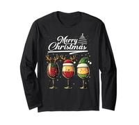 Three Wine Glasses Merry Christmas Reindeer Santa Elf Xmas Maglia a Manica