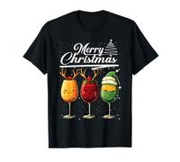 Three Wine Glasses Merry Christmas Reindeer Santa Elf Xmas Maglietta
