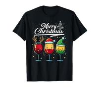 Three Wine Glasses Merry Christmas Reindeer Santa Elf Xmas Maglietta
