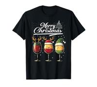 Three Wine Glasses Merry Christmas Reindeer Santa Elf Xmas Maglietta