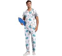 ThreeH Camice Medici Antirughe Traspiranti con Collo a V e Pantaloni con Coulisse e Tasche Multiple Divisa Sanitaria per odontoiatria Farmacia e toelettatura Animali