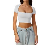 ThreeH Solido Colore Donna Manica Corta Collo Quadrato Esposto Vita Ultra Corta Solido Colore Slim Casual Bianco S