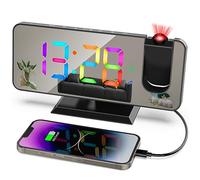 ThreeH Sveglia a Proiezione con 11 Colori RGB Cambiano Display LED a Specchio Orologio Digitale con porta di Ricarica USB Funzione Snooze 6 livelli di Luminosità Regolabile Nero