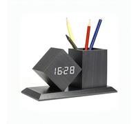 ThreeH Sveglia digitale in legno Modalità giorno della settimana 12/24 ore Visualizzazione della data della temperatura 3 impostazioni di allarme Orologio con portapenne nero