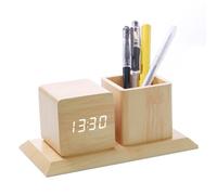 ThreeH Sveglia Digitale in Legno Portapenne con Display a LED, 3 Impostazioni di Allarme Controllo del Suono Con 3 Livelli di Luminosità Giallo