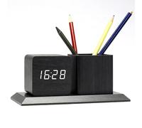 ThreeH Sveglia in Legno Portapenne Organizer da Scrivania per Ufficio HOM 3 Impostazioni Sveglia Dimmer Regolabile Decorazione Camera da letto Nero