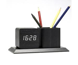 ThreeH Sveglia in Legno Portapenne Organizer da Scrivania per Ufficio HOM 3 Impostazioni Sveglia Dimmer Regolabile Decorazione Camera da letto Nero