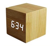 ThreeH Sveglia LED in Legno,3 Set di Allarme, Doppia Alimentazione,Wood Cube Sveglia da Tavolo Digitale,Visualizzazione di Ora Controllo Vocale/Settimana/Temperatura/umidità/Data Yellow_White