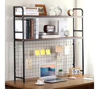 Threehoney Libreria da scrivania a 2 ripiani, in metallo, con pannello a griglia, multiuso, in legno, per dormitorio, ufficio, casa, nero, 45,3 W