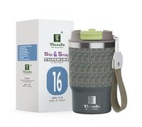 ThreeRs - Bicchiere da caffè da viaggio con coperchio a tenuta stagna, in acciaio inox 304, a doppia parete, per bevande calde e fredde, 480 ml, serie Art Deo, colore: grigio