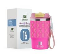 ThreeRs - Bicchiere da caffè da viaggio con coperchio a tenuta stagna, in acciaio inox 304, a doppia parete, per bevande calde e fredde, 480 ml, serie Art Deo, colore: rosa
