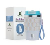 ThreeRs - Bicchiere da caffè da viaggio con coperchio a tenuta stagna, in acciaio inox 304, a doppia parete, per bevande calde e fredde, 480 ml, serie Art Deo, colore: blu