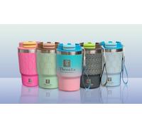 ThreeRs - Bicchiere da caffè da viaggio con coperchio a tenuta stagna, serie Art Deo, con coperchio a tenuta stagna, in acciaio inox 304, a doppia parete, per bevande calde e fredde, 480 ml (pastello)