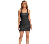 THSCWY Abito in Similpelle e Lattice per Donna, da Party e Club, Sexy con Scollo a U, in Pelle Sintetica, Mini, Bodycon per le Donne, Nero , L