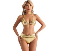 THSCWY Bikini da donna metallizzato set due pezzi costume da bagno argento lucido oro costume da bagno triangolo bikini top e set inferiore, Oro, L