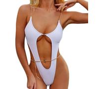 THSCWY Costumi da bagno sexy da donna con scollo a V profondo e scollo a V tagliato fuori un pezzo costume da bagno a catena, bianco, M