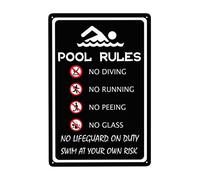 THUANCKY Targa in latta con le regole della piscina, con scritta in inglese "No Diving No Running No Peeing No Lifeguard on Duty" (lingua italiana non garantita), 20,3 x 30,5 cm