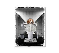 THUANCKY Targa in metallo con cane Beagle che legge il giornale sulla toilette, decorazione da parete per garage o bar, 30,5 x 40,6 cm
