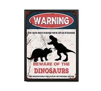 THUANCKY Targa in metallo vintage con scritta in lingua inglese "Beware of the Dinosaurs", cartello di avvertimento per casa, bar, caffè, decorazione da parete retrò, 30,5 x 40,6 cm, cornice in
