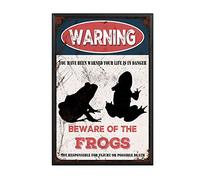 THUANCKY Targa vintage in latta con scritta "Beware of the Frogs", cartello di avvertimento in metallo per casa, bar, caffè, decorazione da parete retrò, 20 x 30 cm, cornice in metallo
