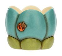THUN - Cachepot Fiore Azzurro in Ceramica Decorata a Mano con Coccinella, Linea Fiori e Fantasia, 19x18.7x15 cm h