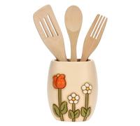 THUN, Porta mestoli in Ceramica con Mestoli in Legno, Linea Happy Country, Idea Regalo per la Cucina, Ø 12 cm, h 15.5 cm, Mestoli 30.5 cm