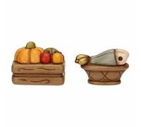 THUN - Set casseta frutta e cesto con pesce - ceramica - Collezione Presepe Classico - cassetta frutta 4x3,2x3 cm - cesta pesce 4x2,4x2,2 cm